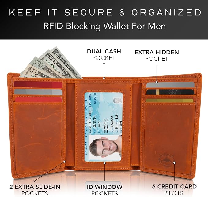 Stealth Mode Trifold Leather Wallet for Men with RFID Blocking (Clay) | Top Grain Napa Leather, 9 Card Slots, ID Window, Gift Box – Gift for Dad, Husband, or Son - Image 2