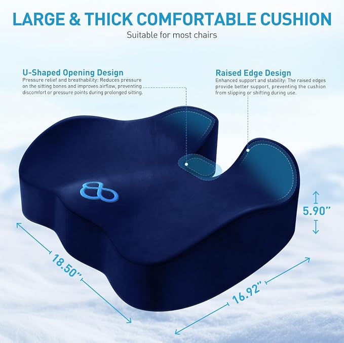 BlissTrends Extra Thick Seat Cushion for Office Chair & Car Seat, Blue | Tailbone & Sciatica Relief, Ergonomic Support, High-Density Memory Foam, Comfort for Extended Sitting - Image 2