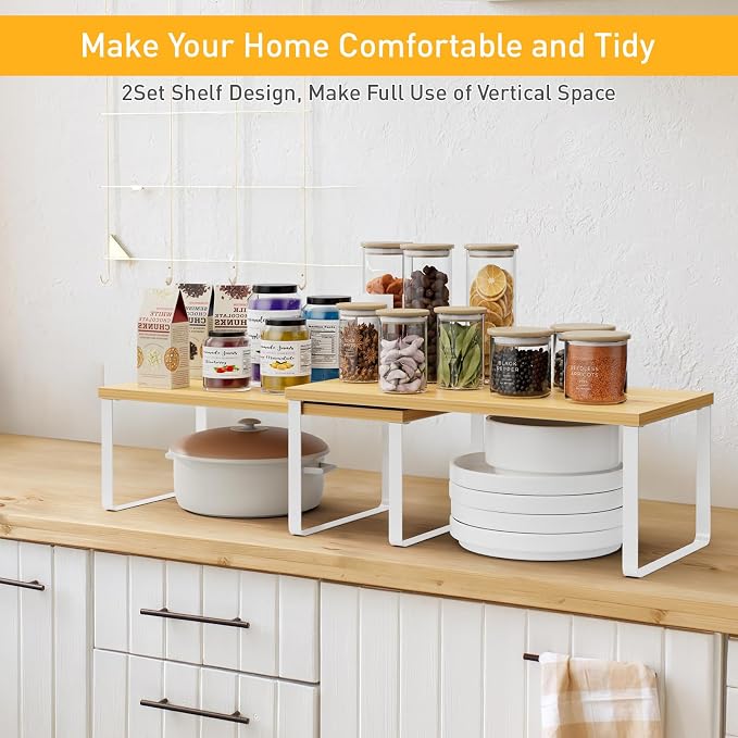 OGEMXU Cabinet Shelf Organizers, 15.7 inches Large Kitchen Counter Shelf, Set of 2 Wood Kitchen Pantry Organizer, Storage Shelves for Countertop, Spice Rack, Stackable, Expandable, Metal White, Nature - Image 3