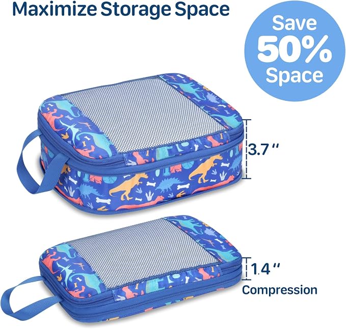 Kids Compression Packing Cubes - 4 PCS Sets, Blue Dinosaur | Water Resistant 4 Piece Set with Shoe Bag, Toddler Suitcase Organizer Set, Expandable Storage for Luggage - Image 5