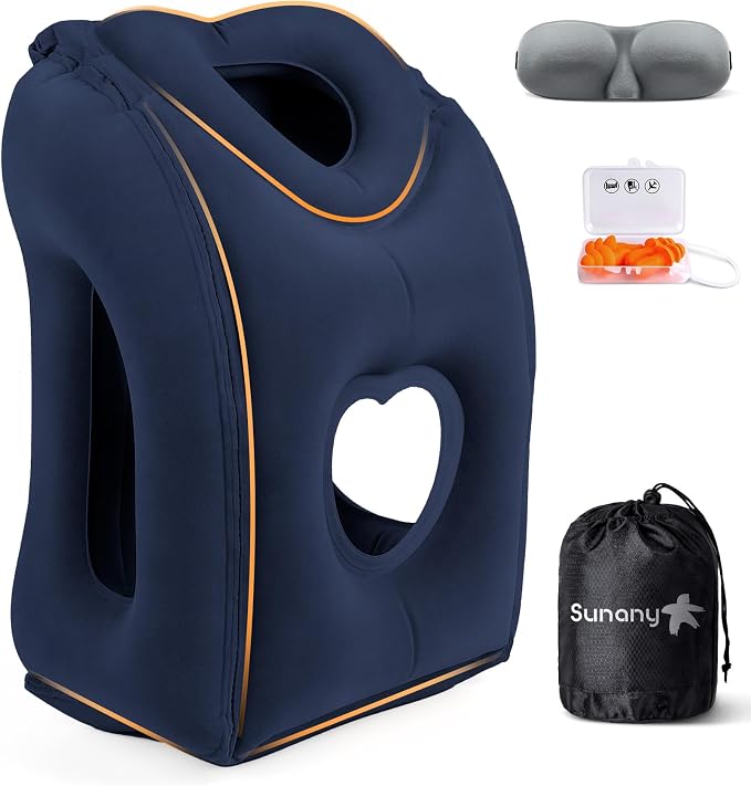 Sunany Travel Pillow, Upgraded Plane Pillow for Long Flights, Inflatable Neck Pillow Used for Airplanes,Cars,Buses,Trains,Office Napping with Eye Mask,Earplugs (Blue) by Sunany