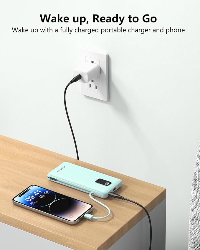 charmast Portable Charger Power Bank 10000mAh with Built-in AC Wall Plug | Built-in Cables,5 Outputs,Flight-Safe,Slim Travel Phone Charger for iPhone 17 14,Samsung Galaxy,iPad,Android,Smartwatch,etc - Image 6