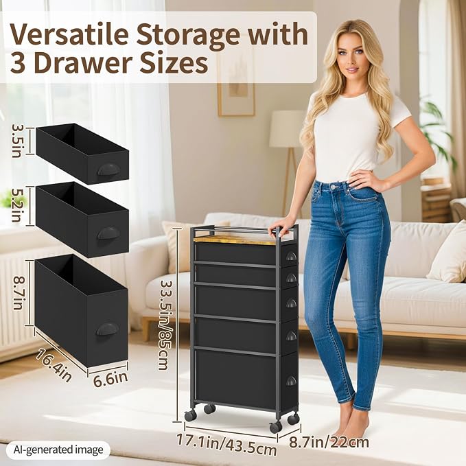 LASZOLA Narrow Cabinet Slim Storage Cart for Bathroom Small Space, Black | 5 Tiers Skinny Rolling Organizer Shelf with Sturdy Fabric Drawers, Lightweight Mobile on Wheels, Between Washer and Dryer - Image 2