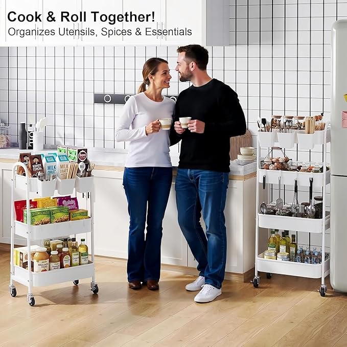 White 4 Tier Rolling Cart Metal with Wheels,Heavy Duty Utility Storage Cart | Four Tiered Roller Shelf Carts Organizer on Wheels for Kitchen, Book, Snack, Craft, Art, Dorm,Large Capacity Basket,38in Tall - Image 7