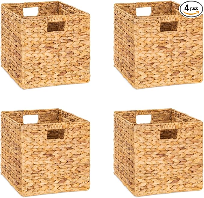 M4DECOR 10.5 x 10.5 Storage Cubes – Water Hyacinth Wicker Baskets for Organizing, Wicker Storage Cubes, Storage Baskets for Shelves (4 Packs 10.5in) by M4DECOR