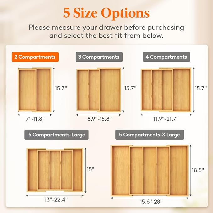 Lifewit Bamboo Utensil Organizer for Kitchen Drawer, Cooking Utensil Tray | Expandable Cutlery Silverware Flatware Holder, Wood Adjustable Spatula Tools Storage Divider, 7-12 x 15.75", Natural - Image 2