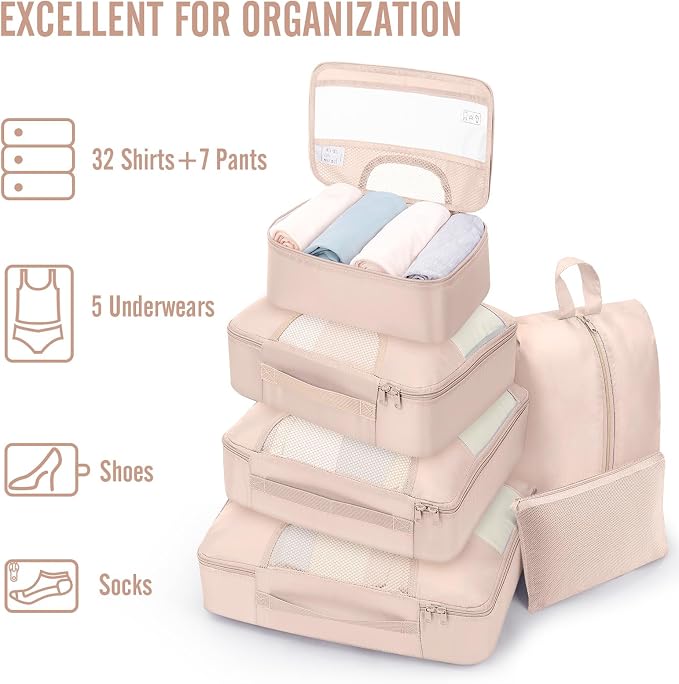 Veken 8 Set Packing Cubes for Travel Essentials,Anti-Wrinkle Buckled Suitcase Organizer for Shoe & Toiletry Bag,Carry On Luggage Bag with 99+ Count Mesh Holes for Airplane & College Dorm Accessories - Image 6