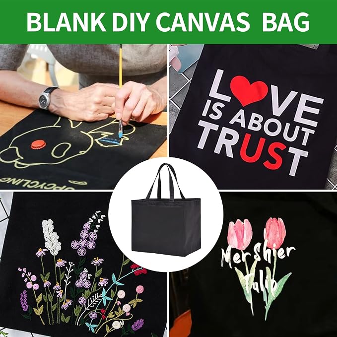 3 Pack Heavy Duty Reusable Canvas Grocery Bags, Holds 60 lbs, 8.3 gal Multi-Purpose Washable Bags with 5 Pockets, Black - Image 5