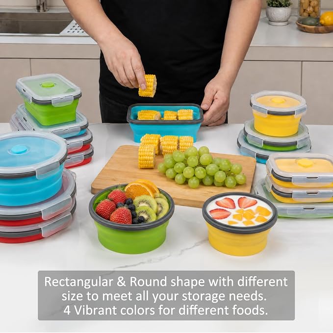Collapsible Food Storage Containers with Lid & Air Vent, 8 Pack, 4 Rectangular + 4 Round, Annaklin Foldable Silicone Lunch Containers Collapsible Bowls Set, Microwave Freezer Dishwasher Safe, 4 Colors - Image 2
