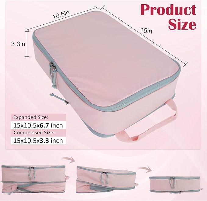 Compression Packing Cubes for Travel Suitcase Organizer Bags, Pink, L | Expandable Travel Cubes for Packing Luggage Organizer Bags Compression Bags for Travel Essentials - Image 3
