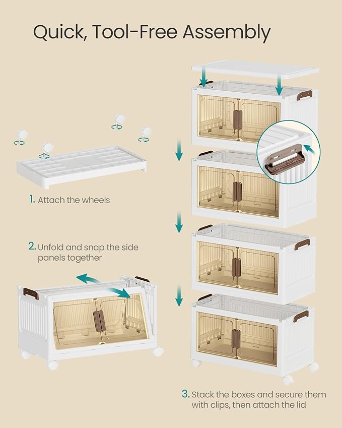 SONGMICS 48QT stackable storage bins with 1 Lid, 4-Tier Foldable Bins | Collapsible Cabinet, PP Plastic, Magnetic Doors and wheels, 21.6 x 13 x 43 inch, White, DENNYS Collection URLB450WZ01 - Image 4