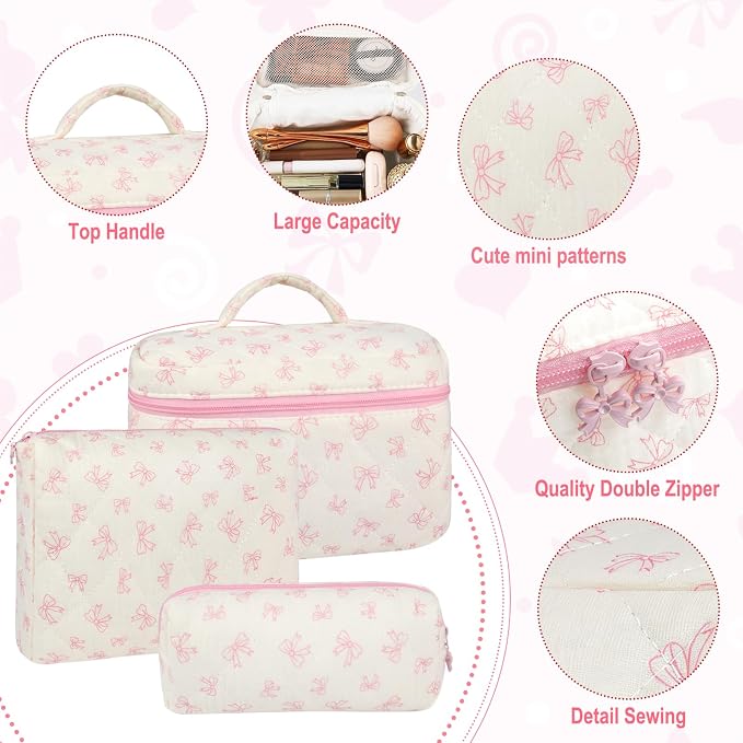 URSKYTOUS 3Pcs Makeup Bag Quilted Cotton Cosmetic Bags for Women Large Small Pink Bow Makeup Pouch Set Cute Coquette Floral Travel Bags Portable Skincare Toiletry Bag Vintage Puffy Essential Organizer - Image 3