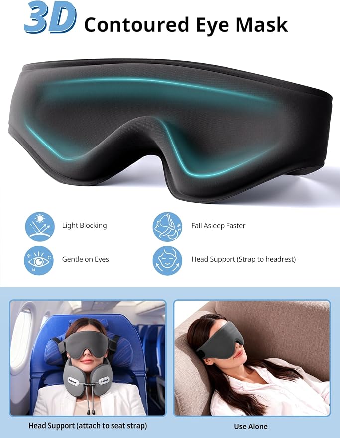 Travel Neck Pillow Seat Strap System, Long Flight Stable Support | High Supportive Foam Airplane Pillow, 3D Sleep Mask, 360° Headrest, Sleep Support, Stop Bobblehead Travel Essential, Grey - Image 6