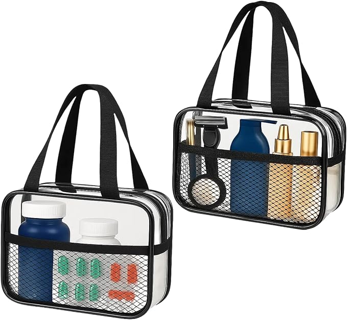 XEWEA 2PCS Small TSA Approved Clear Travel Toiletry Bags for Men Women, | Transparent Makeup Cosmetic Bag with Handle, Waterproof PVC Quart Organizer for Toiletries Airline Essential, Balck by XEWEA