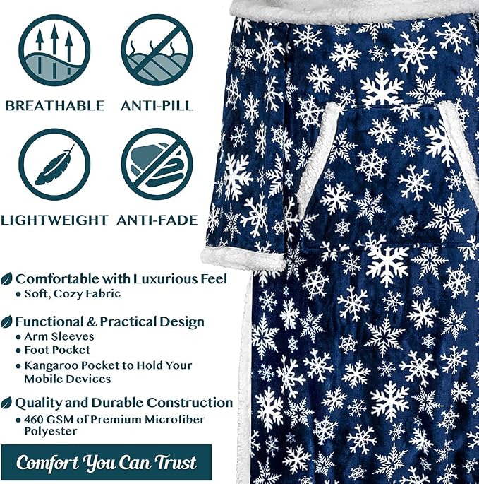 PAVILIA Sherpa Blanket with Sleeves, Foot Pocket for Women Men Adults, Thick Wearable Blanket Throw Wrap, Fleece Warm Snuggle Blanket Robe, Cozy Gift Ideas Wife Mom, Snowflake Blue - Image 4