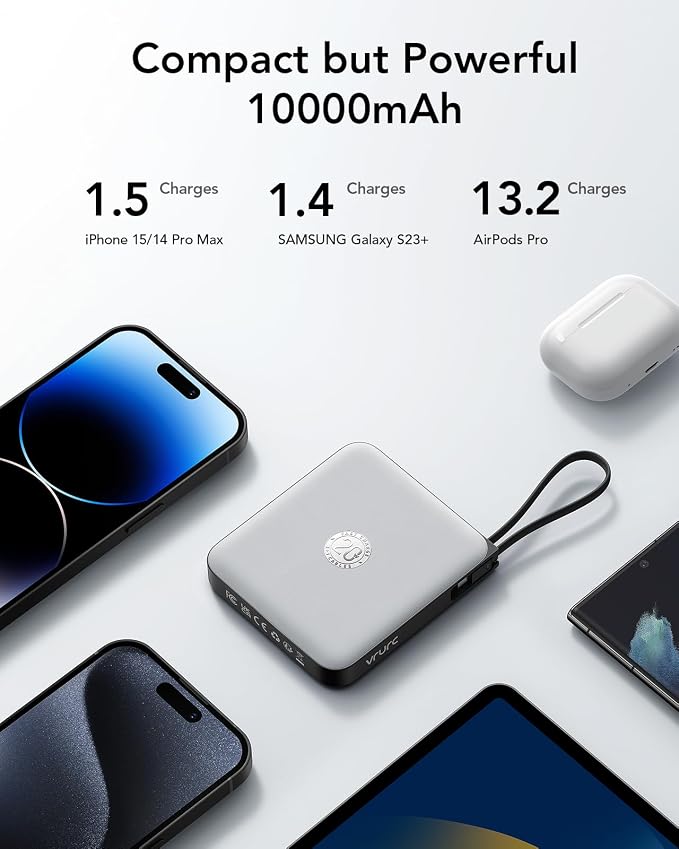 VRURC Portable Charger with Built-in Cables, 10000mAh 22.5W Fast Charging | Compact Battery Pack with LED Display, Cell Phone Power Bank for iPhone 17/16/15 Series , Samsung Galaxy & USB-C Devices,Grey - Image 3