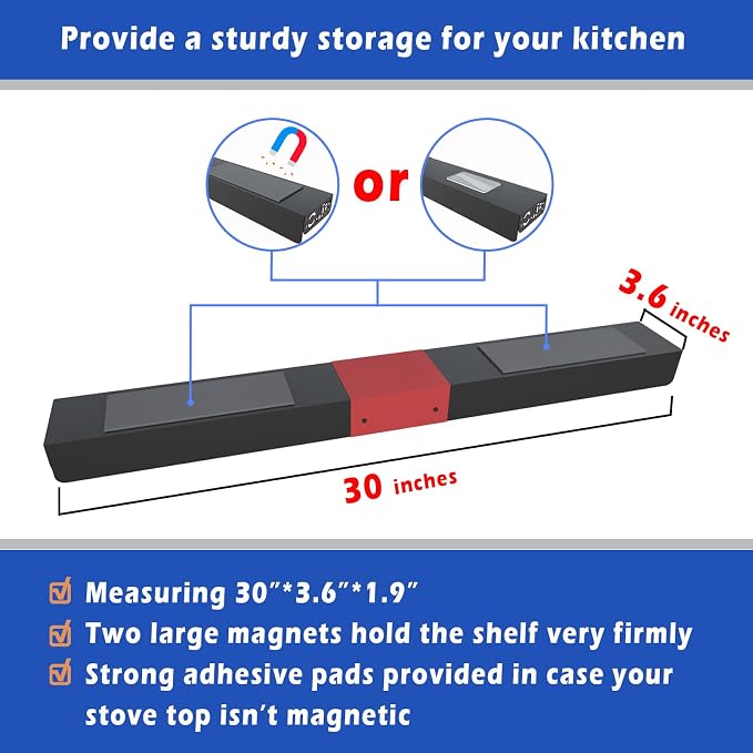 STUTOV 30" Magnetic Stove Top Shelf – Black Spice Rack with Red HOME Design – Seasoning Organizer for Back of Stove – Over Stove and Kitchen Storage Shelf - Image 6