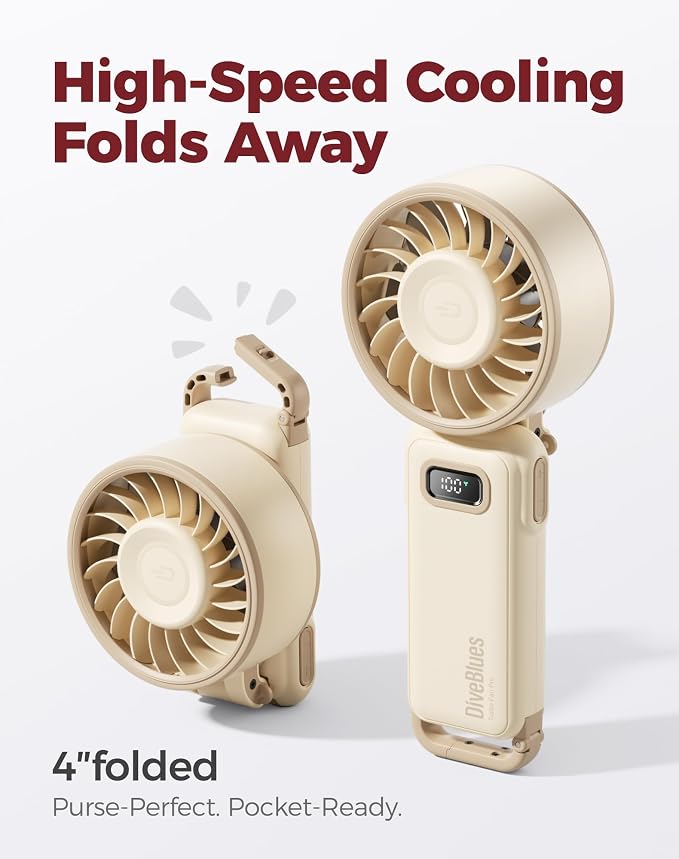 Diveblues Portable Handheld Fan D6036 Cream | 7.4m/s High Speed Turbo, 180° Foldable 4-in-1, Personal Neck Fan with Carabiner Clip, 100 Speed Stepless Control - Image 3