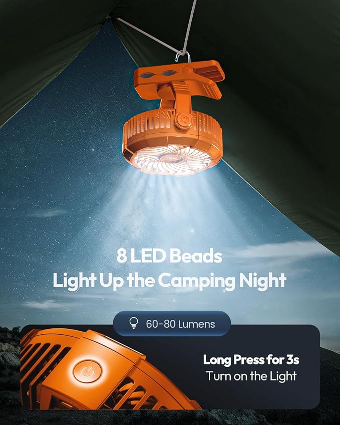 Gaiatop Portable Camping Fan with LED Lantern, Clip on Fan for Tent | USB Rechargeable Battery Powered, 360° Adjustable Tilt, LED Digital Display, Up to 14H Runtime, Outdoor & RV Use - Image 2