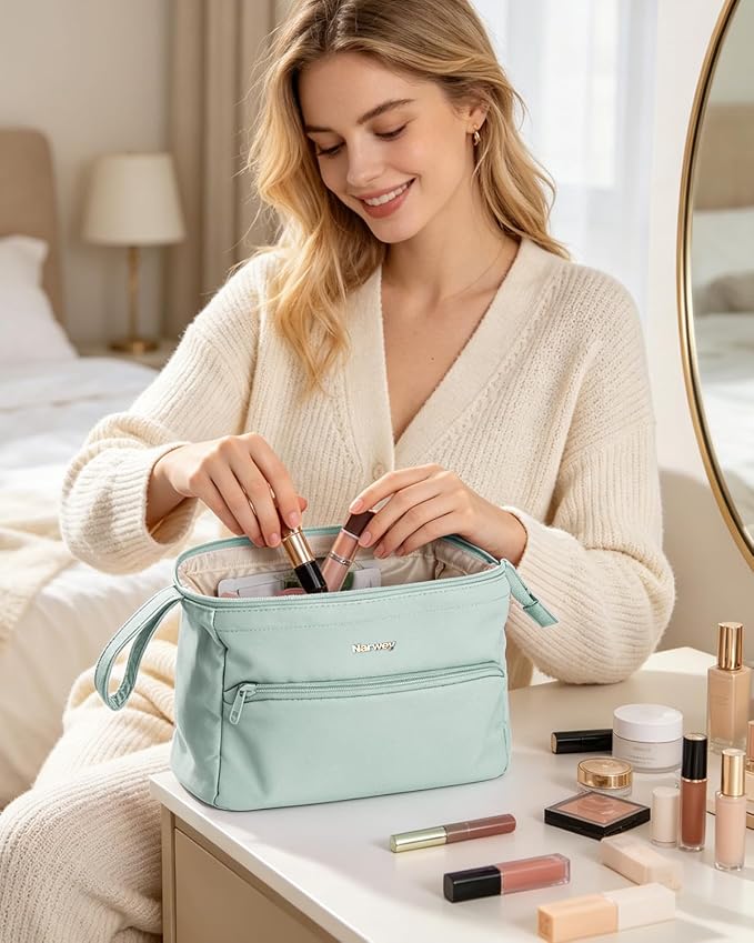 Narwey Makeup Bag Women Large Wide-open Make up Bag Travel Cosmetic Organizer Toiletry Bag for Cosmetics Toiletries Accessories (Mint Green) - Image 8