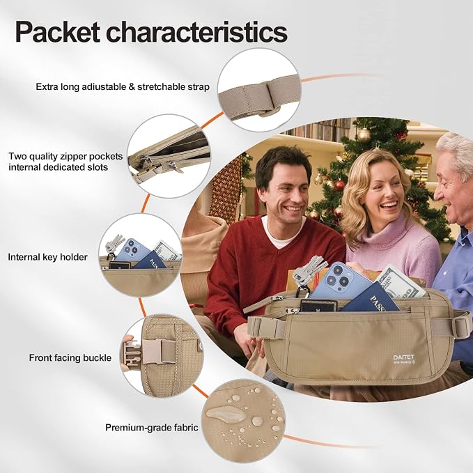 Money Belt - Passport Holder Secure Hidden Travel Wallet with RFID Blocking, Undercover Fanny Pack (Beige) - Image 8