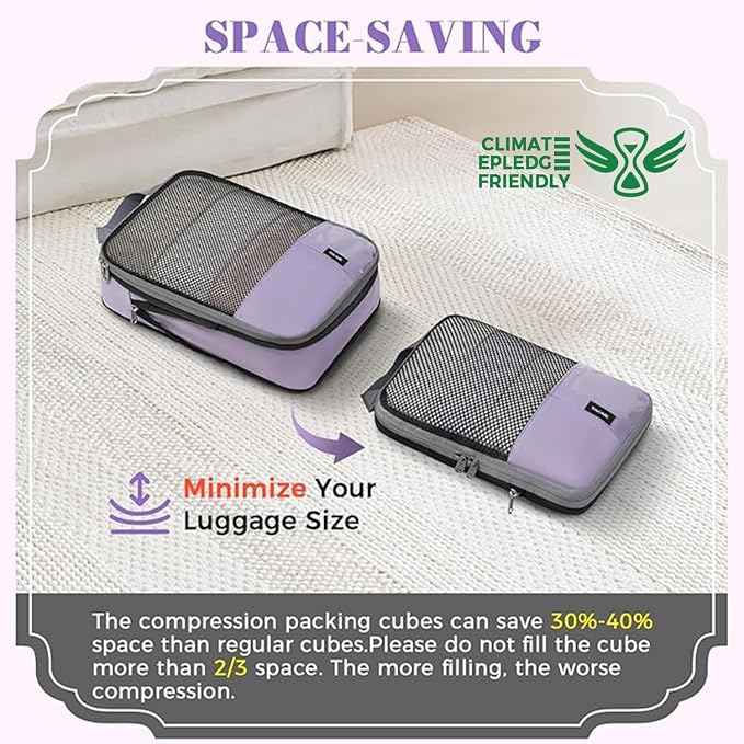 BAGAIL 4 Set/6 Set/8 Set Compression Packing Cubes Travel Accessories Expandable Packing Organizers(HalfMesh,8-Dusty Purple) - Image 7