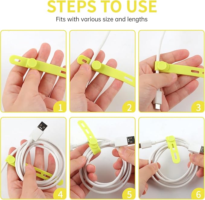 Oligei 25 Pcs Silicone Cable Ties, Cable Ties Reusable, High Elasticity Cord Wraps for Electrical Cords, Cord Organizer for Earphone, Phone Charger(Yellow) - Image 5