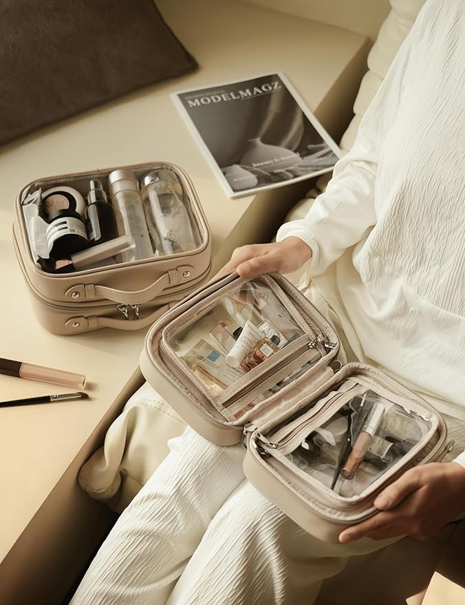 Clear Cosmetic Bag Double Layer 4 Compartments Travel Toiletry Bag Clear Makeup Bag Case with Zipper Transparent Travel Bag for Toiletries, Gift for Women Girls (Taupe, Small) - Image 6