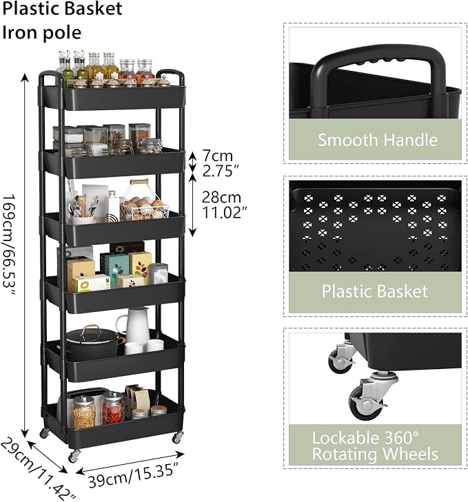 Sywhitta 6-Tier Plastic Rolling Utility Cart with Wheels for Storage,Black | Multi-Functional Storage Trolley, for Office, Living Room, Kitchen, Bathroom,Movable Organizer,Space-Saving,Easy to assemble - Image 3