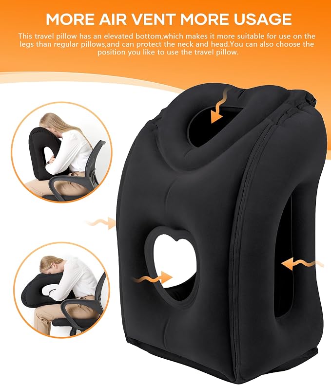 Sunany Travel Pillow, Upgraded Plane Pillow for Long Flights, Inflatable Neck Pillow Used for Airplanes,Cars,Buses,Trains,Office Napping with Eye Mask,Earplugs (Black) - Image 2