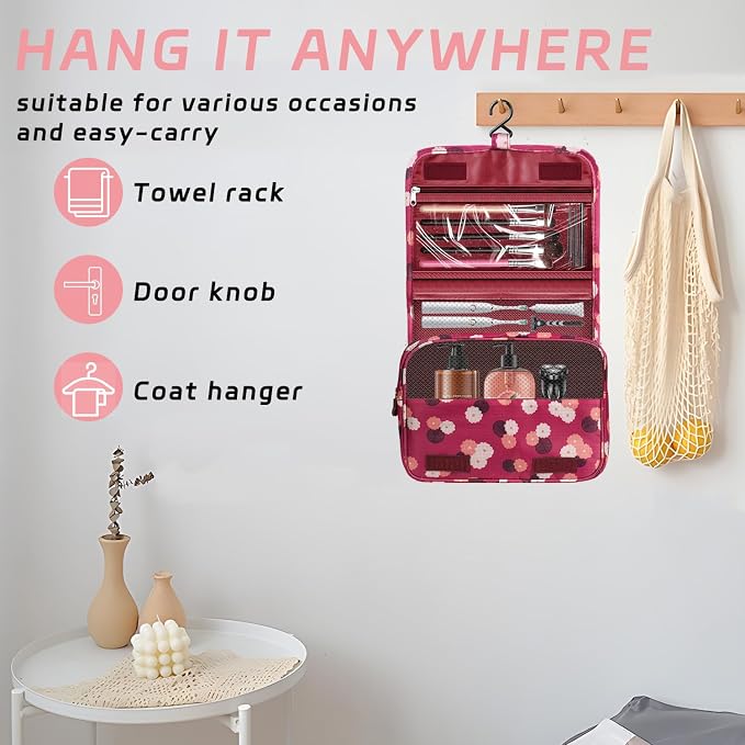 Toiletry Bag Travel Bag with Hanging Hook,Wine Red FLower | Waterproof Small Capacity Hanging Makeup Bag for Toiletries, Portable Cosmetic Bag Travel Organizer for Women Men - Image 4