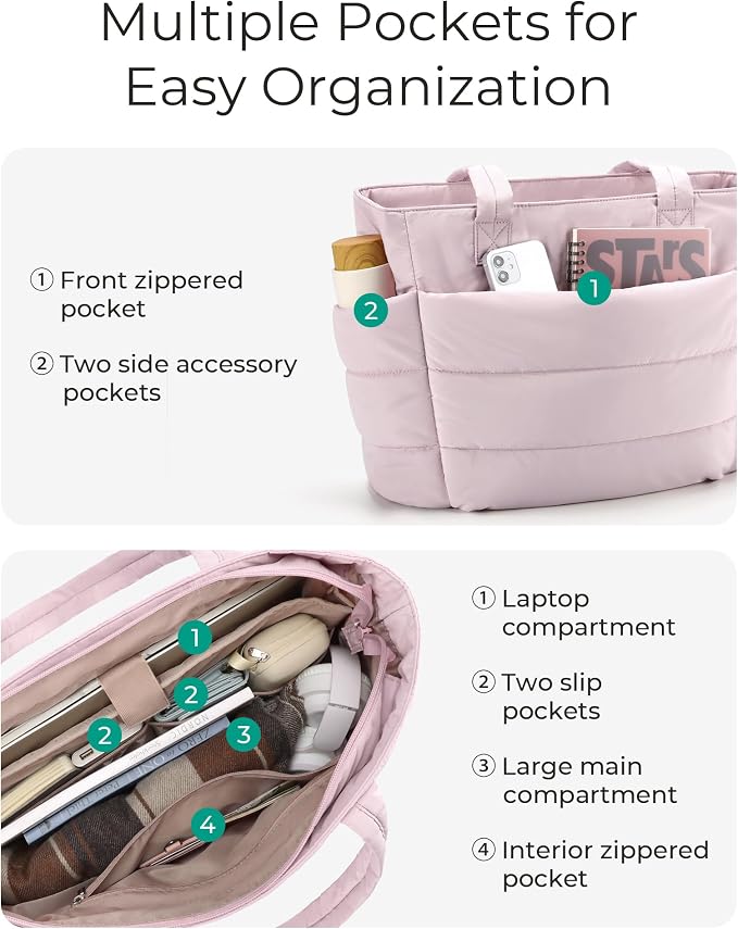 BAGSMART Tote Bag for Women, Lightweight Puffy Tote Bag with Compartments Shoulder Bag Handbag for Travel, Work, Gym | Lightweight - Image 4