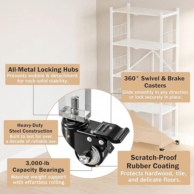Folding Shelves No Assembly, 5 Tier Foldable Storage Shelves with Wheels, 220LBS Per Shelf Metal Collapsible Rack for Pantry Storage & Home Organization, White - Image 4