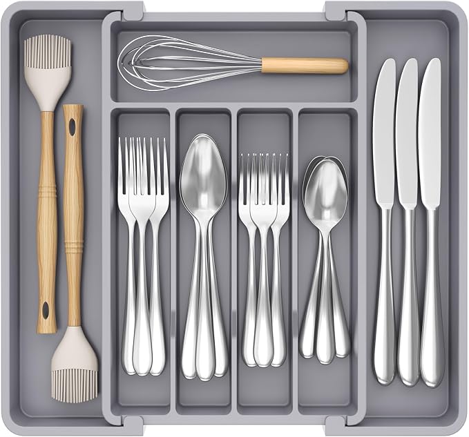 Lifewit Expandable Silverware Drawer Organizer, Kitchen Utensil Tray | BPA-free Plastic Flatware Cutlery Holder, Space-Saving Storage for Spoons Forks Knives, 8.5-14 x 12 x 1.5“, Gray by Lifewit