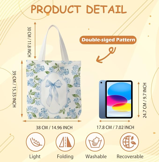 Grandmillennial Blue Floral Tote Bag for Women,Blue Floral Reusable Shopping Grocery Bags - Image 6