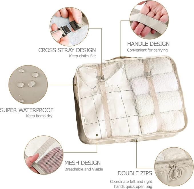 LANSKLBD 6/8 Set Packing Cubes for Suitcases Travel Luggage Packing Organizers,Travel Accessories Essentials Luggage Organizer with Shoe/Tioletry/Laundry Bag (Beige, 8 set) - Image 2