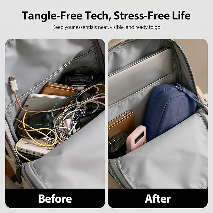 Travel Electronics Organizer Waterproof Cable Bag Midnight Blue | Padded Oxford fabric case with 8 compartments and elastic loops to protect power banks and hold 3ft+ cords securely. - Image 4