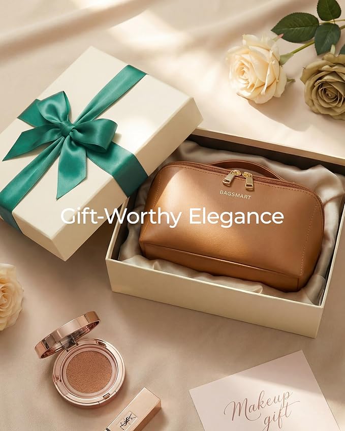 BAGSMART Makeup Bag Travel Cosmetic Bag,Women Toiletry Case, Brushes, Camel | Make Up Bag Flat Open Toiletry Bag for Women, PU Leather Travel Essentials Wide-open Skincare,Brushes Organizer Case Large - Image 9