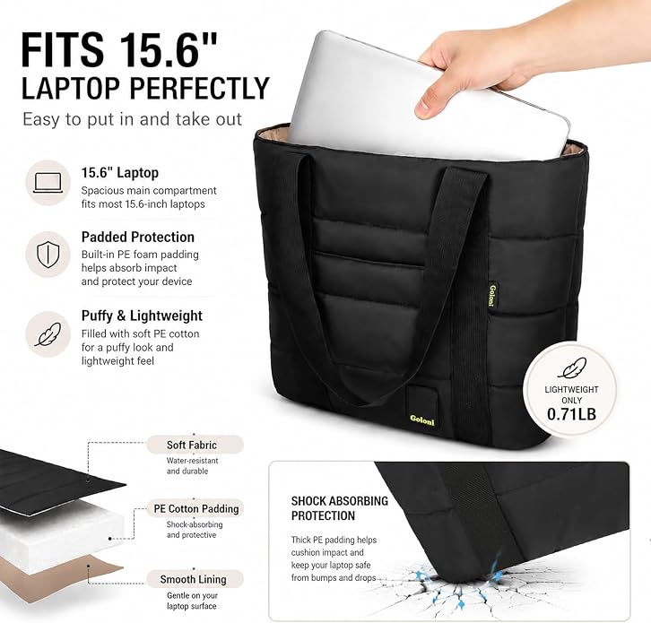 Tote Bag for Women, Lightweight Puffy Tote Bag with Compartments Handbag Fits 15.6'' Laptop for Work, Gym, Shopping - Image 4