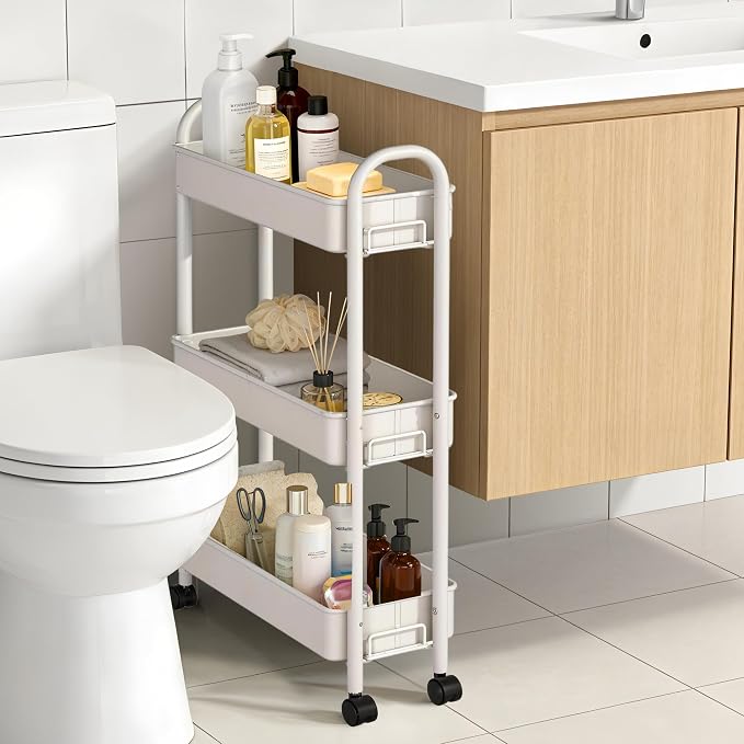 Slim Rolling Cart, Metal Frame Utility Rolling 3-Tier Narrow Storage Cart | Kitchen Storage Organizer, Mobile Shelving Unit for Bathroom Kitchen - Image 4