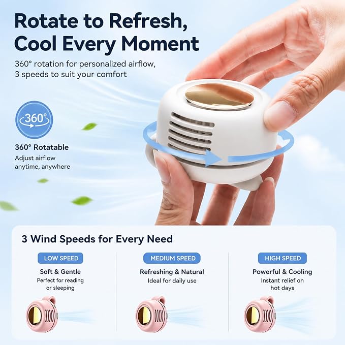 Portable Clip-on Fan Silent Bladeless Mini Fan | 360°Rotation 3-speed Modes Whirlwind Waist Clips Fans Hands-Free Cooling Fan Outdoor Trip Work Travel White-Pink 2 Pack - Image 2