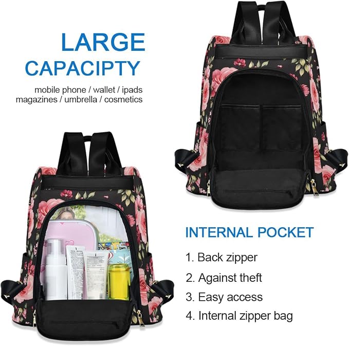 ALAZA Rose Flowers Floral Black Backpack Purse for Women Anti Theft Fashion Back Pack Shoulder Bag - Image 5