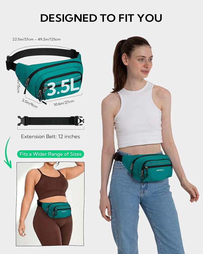 WATERFLY 3.5L RFID Fanny Pack: Anti-Theft 12" Extender Belt for Travel | Large Capacity Multi-Pocket, Water-Resistant Nylon, Reflective Strips, Breathable Padding, Hiking Walking Daily, Women Men - Image 4