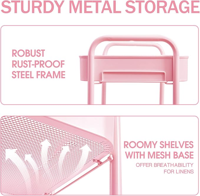TOOLF 3 Tier Metal Rolling Cart, Utility Storage Cart with Wheels, Pink | Screwless Assembly, Lockable Metal Wheels, Trolley Organizer for Bathroom, Kitchen, Office, Dorm, Laundry, Craft Room - Image 2