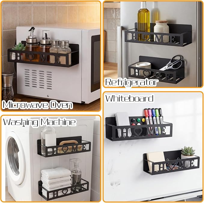Beeveer 2 Pcs Magnetic Spice Rack for Refrigerator, Black Home | Magnetic Design, No Drilling, Farmhouse Kitchen Decor Home Accessories, 2 Sizes Metal Storage Shelf for Fridge Spices - Image 7