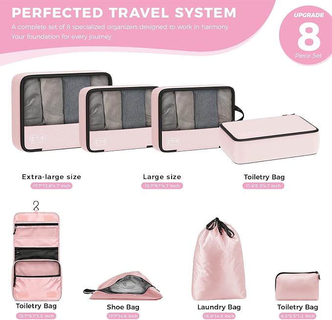 Compression Packing Cubes for Carry On Travel, 8-Piece Luggage Organizers | Women Stylish Packing Cubes for Carry-On & Suitcase , Perfect for Vacation Cruise, Weekend Getaways - Light Pink - Image 4