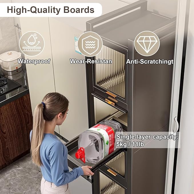 6-Tier Tall Narrow Mobile Shelf Organizer, Slim Storage Cart on Wheels | Pull Out Cabinet Organizer for Small Space Kitchen Space Saving, with Transparent Flap Door Design, Grey - Image 3