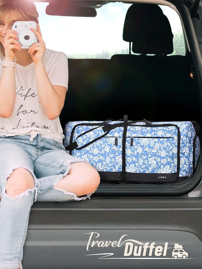 Lekesky Foldable Travel Duffle Bag for Women, Large Duffel Bag with Separate Shoes Compartments & Straps, Carry On Weekend Bag for Women (Blue Floral Print, 80L) - Image 2