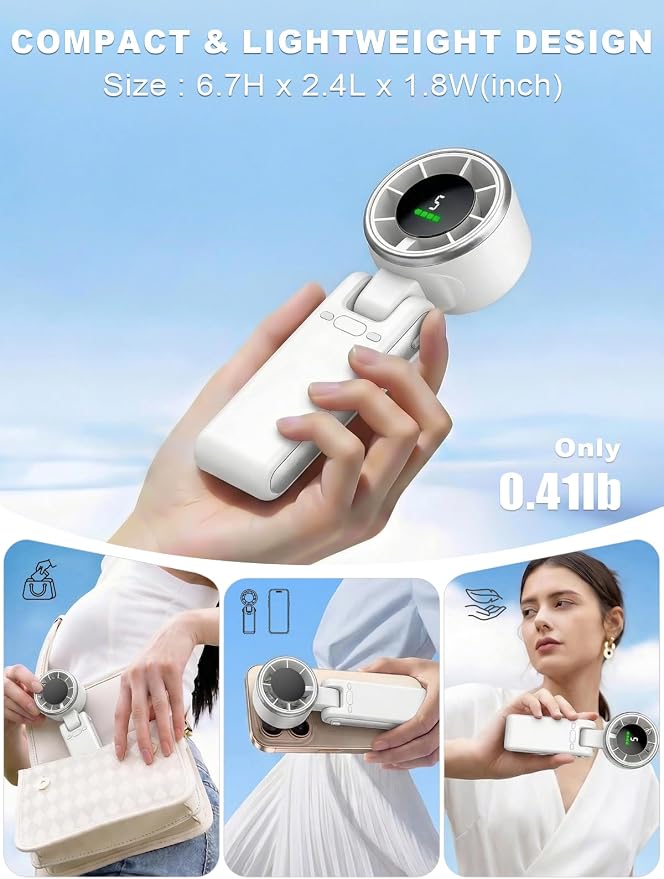 Portable Handheld Turbo Fan, 5 Gear Wind, Battery Operated, Up to 13 Working Hours Rechargeable Fan, 3 IN 1 Hand Fans with Air Turbo Tech Cooling Fan for for Travel, Beach, Outdoor - White - Image 7