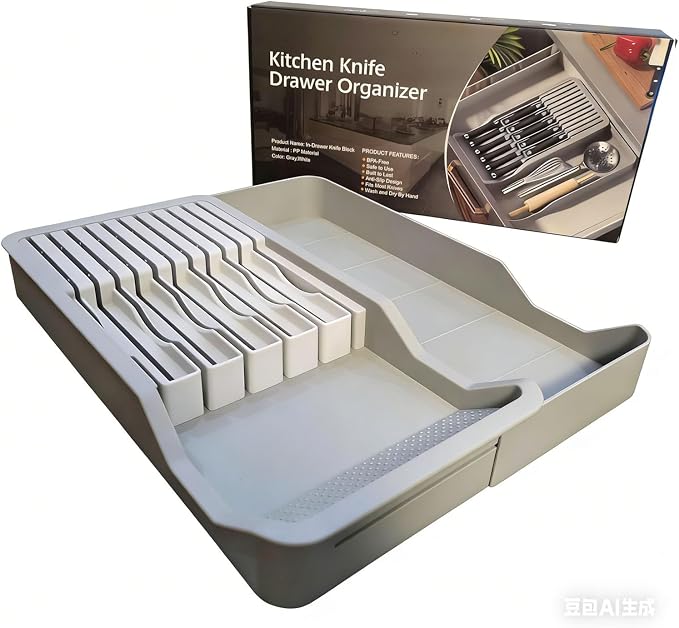 Expandable Drawer Knife Insert Organizer - Plastic Knife Storage Tray for Kitchen Drawers, Adjustable to Fit 11 Knives & Utensils, BPA-Free, Ventilated, Space-Saving, Easy to Clean - Image 9